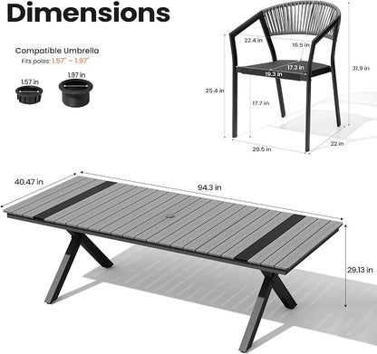 Pellebant Aluminum 11-Piece Outdoor Dining Table Set for 8-10 Person | Patio Stackable Chair with U-Shaped Wicker Backrest, 94" Table with Wood-Grain Top & Umbrella Hole, Aluminum Frame Furniture