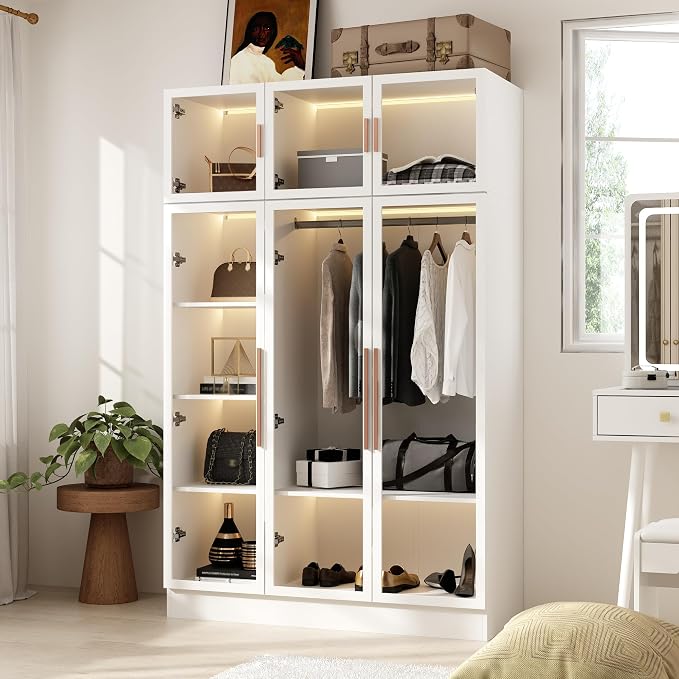 Wardrobe Cabinet with LED Lights, Armoire Closet with Glass Doors, Wooden Large Wardrobe with Hanging Rod & 5 Tiers Shelf, Modern Bedroom Armoire Clothes Organizer, White 47.2" W