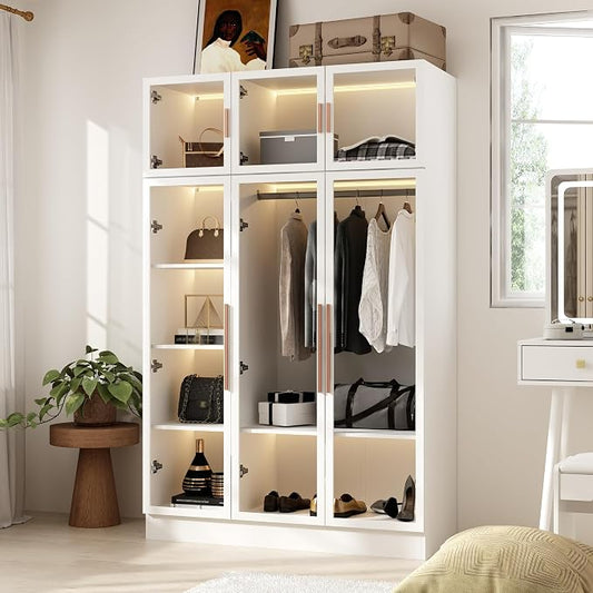 Wardrobe Cabinet with LED Lights, Armoire Closet with Glass Doors, Wooden Large Wardrobe with Hanging Rod & 5 Tiers Shelf, Modern Bedroom Armoire Clothes Organizer, White 47.2" W