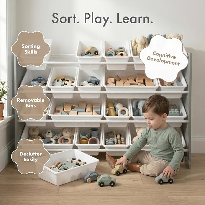 Humble Crew Toy Storage Organizer with 20 Removable Storage Bins for Kids Playroom, 4-Tier Toddler Toy Organization and Storage, Grey/White