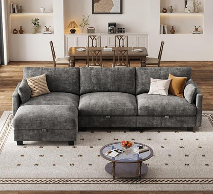 Modular Sectional L Shaped Sofa Couches for Living Room, Cloud Couch with Storage Ottoman, Comfy Chenille Sofa with Pillow, Dark Gray
