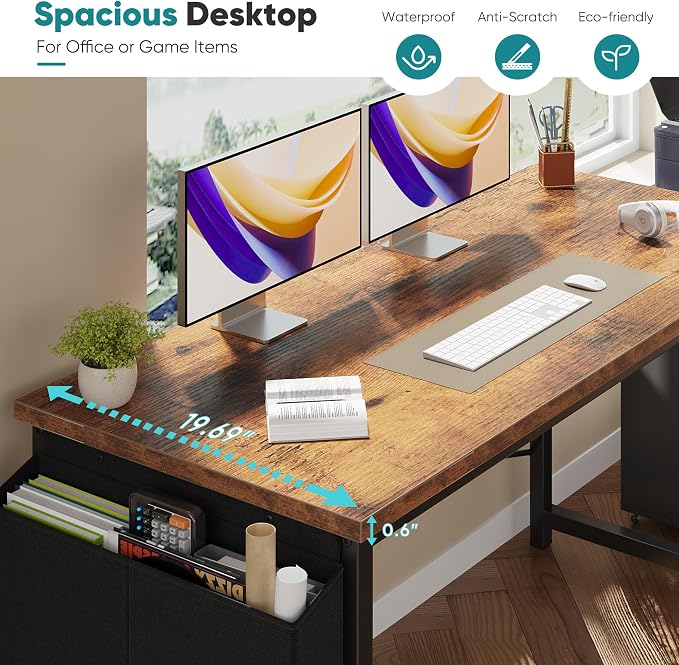 OLIXIS Computer Desk, 47 Inch Home Office Desks for Small Spaces, Writing Craft Study Gaming Table for Bedroom, Modern Computer Workstation with Storage Bag, Rustic Brown