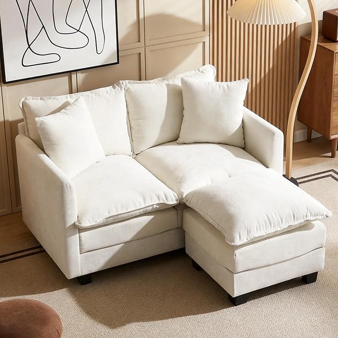 Loveseat Sofa with Ottoman, 52''Modern Cloud Sofa Couch with 27" Deep Seat & 2 Pillows, Comfy Chenille Small Couch for Small Spaces, Apartment, Studio, Bedroom, Living Room (Beige, Loveseat + Ottoman)