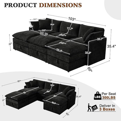 Ihanherry Oversized Sectional Sofa Bed with Storage, 103” 6-Seater Modular Cloud Couch with Movable Ottomans, Chenille Deep Seat Sleeper Couches for Living Room (Black)