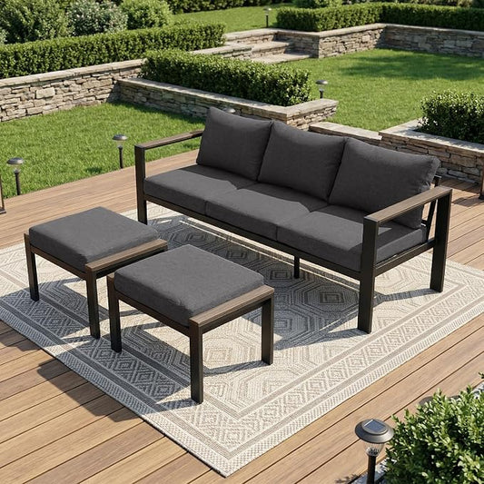 Patio Furniture Set 3 Seats Sofa and Ottoman All-Weather Patio Sofa with Washable Thick Cushions, Deluxe Aluminum Modern Outside Sectional for Porch, Balcony, Deck, Yard, Dark Gray