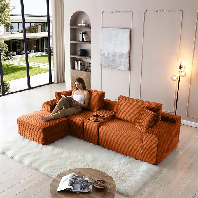 ivoros 111 Inch Modular Sectional Sofa Couch, Oversized Modern Cloud Couch for Living Room, L Shape Couches with Ottomans, USB Ports and Cup Holders, Orange Corduroy Boneless Sofas, Sofa in a Box