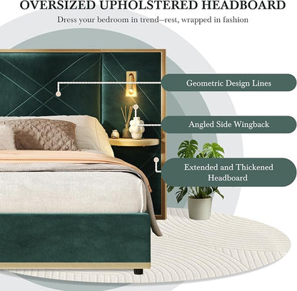 Merax King Bed Frame with 2 Built-in Led Lights and 2 Floating Storage Shelves, Luxury Velvet Upholstered Platform Bed Frame King Size with Wingback Headboard for Bedroom, No Box Spring Needed, Green