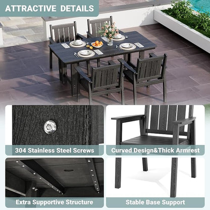 Pamapic 5-Piece Outdoor Dining Set, HDPE Outdoor Rectangular Table and 4 Chairs, Wood Grain Patio Furniture Sets with Armrest, All-Weather Patio Dining Table with Umbrella Hole, Black