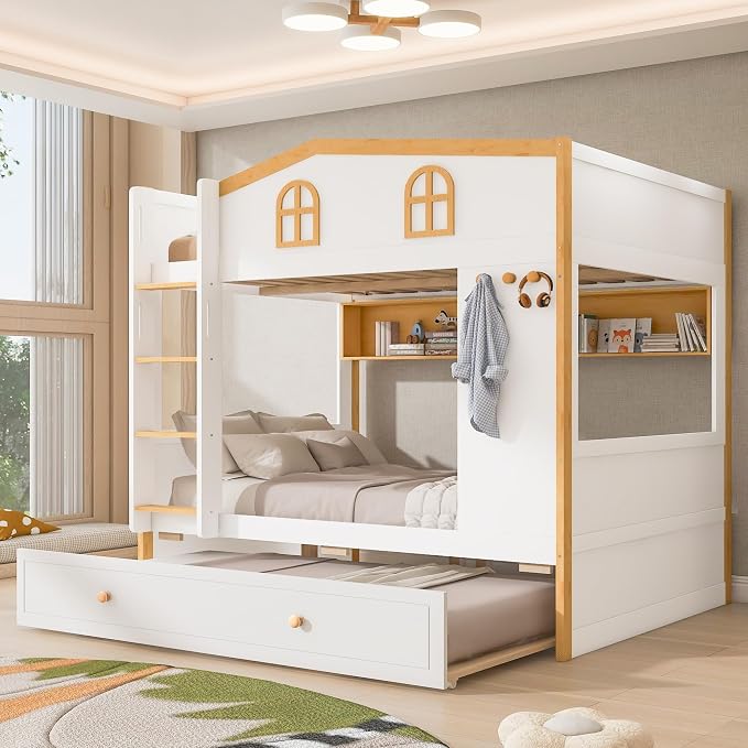 Merax Twin Over Twin Size House Bunk Bed with Storage Shelves & Pull-Out Trundle, Solid Wood Space-Saving Loft Bed Frame with Safety Guardrails for Bedroom, White+Natural