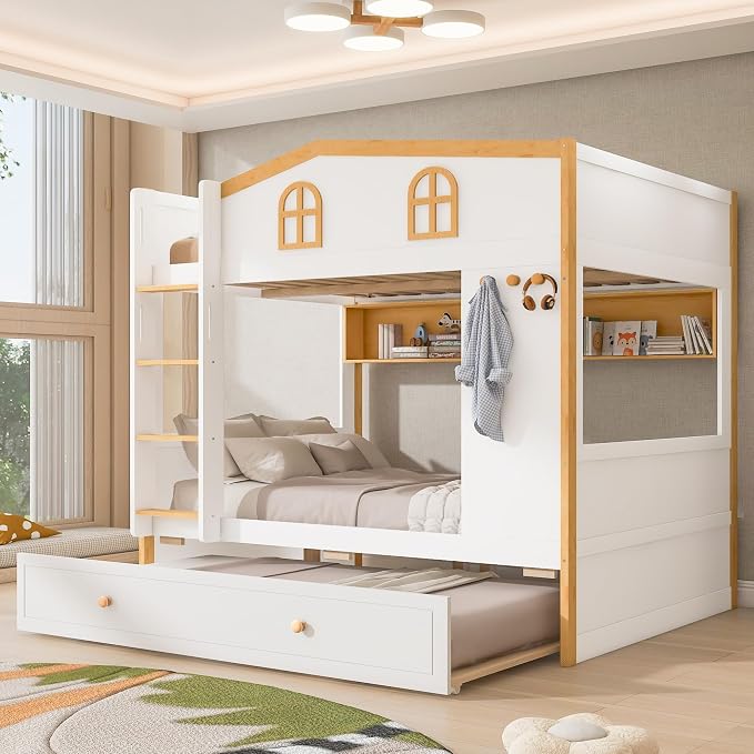 Bellemave Bunk beds Twin Over Twin with Twin Size Trundle, Low bunk Bed for Kids Adults and Teenagers，White