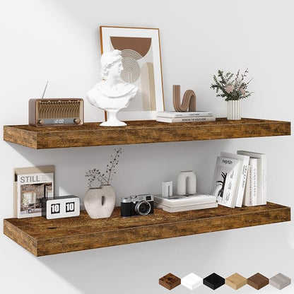 Fun Memories Floating Shelves - 2 Pack 12 Inch Rustic Wooden Wall Shelves - Extra Deeper & Thicker Wall Mounted Storage Shelf for Living Room, Kitchen, Farmhouse - 36" W x 12" D x 1.8" H - Brown