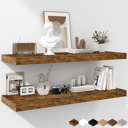 Fun Memories Floating Shelves - 2 Pack 12 Inch Rustic Wooden Wall Shelves - Extra Deeper & Thicker Wall Mounted Storage Shelf for Living Room, Kitchen, Farmhouse - 36" W x 12" D x 1.8" H - Brown