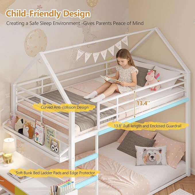 DICTAC Twin Over Twin Low Bunk Bed with Desk and Drawers, White | Metal House Shaped Low Bunk Bed, 2 Storage Drawers, Bookshelf and Side Pocket, Floor Bunk Bed with 13.4''H Safety Guardrail
