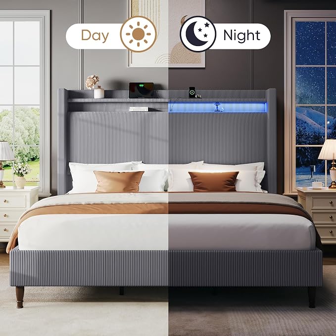 King Bed Frame with 55.3" Tall Headboard, Corduroy Upholstered Platform Bed with LED Lights & Charging Station, Wingback Storage Headboard, Solid Wood Slats,Noise Free,No Box Spring Needed,Dark Grey
