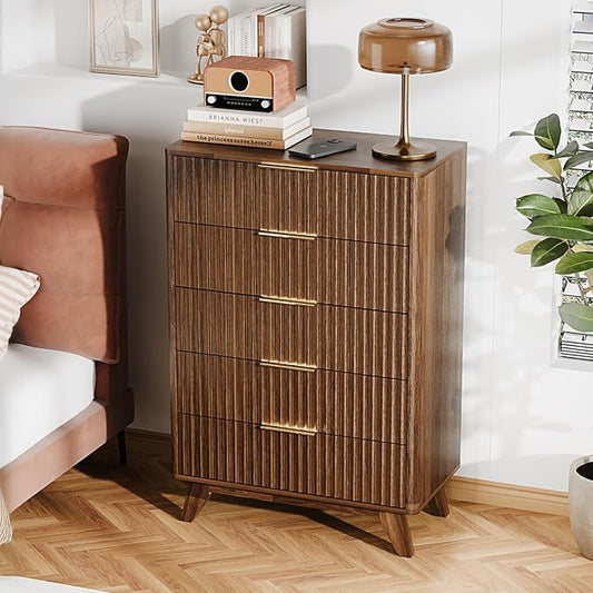 VINGLI Fluted Tall Dresser 5 Drawer Chest of Drawers, Walnut Wood Dresser for Bedroom Mid Century Modern with Rounded Edge, 29.92" W*15.6" D*44.88" H