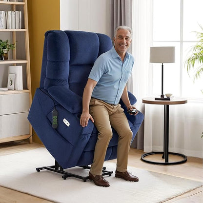 MCombo Triple Motor Power Lift Recliner Chair with Massage and Dual Heating, Adjustable Headrest for Elderly People, Fabric 7632 (Navy Blue, Medium)