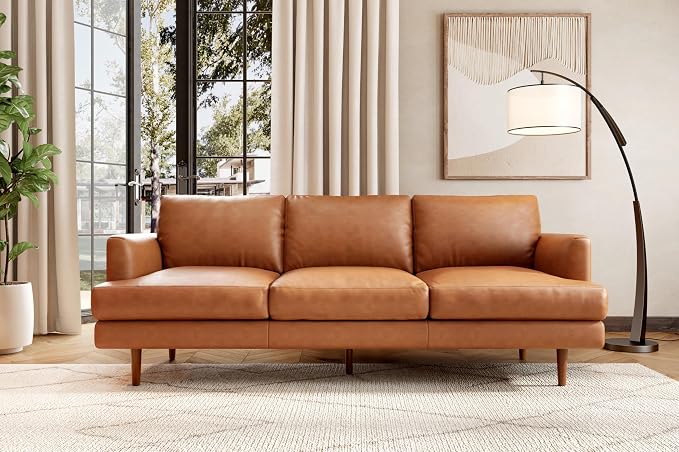 Valencia Grosseto 87” Cognac Tan Brown 3 Seater Full Leather Sofa | Mid Century Italian Nappa Leather Couch for Living Room Furniture | Double Stitched Seams, Removable Cushions