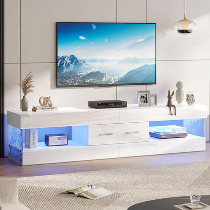 Bestier 67" Modern TV Stand for TVs up to 75 Inch, High Gloss LED Entertainment Center with Stone-Patterned Doors, TV Console with Drawer & Storage for Living Room, White