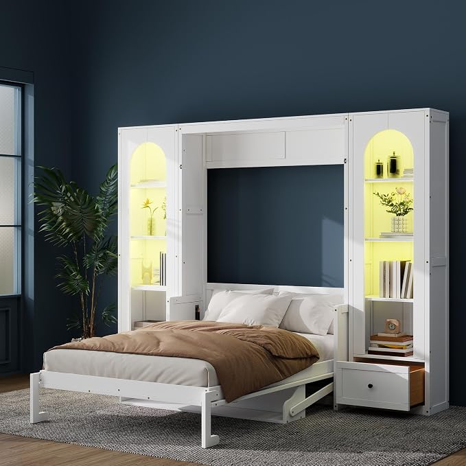 MERITLINE Queen Murphy Bed with Desk and Storage Shelves & LED Light, Solid Wood Hideaway Murphy Wall Bed with Storage Bookcase Shelves and Drawers for Adults (White) (Queen,White W/Led)