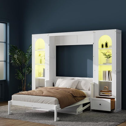 MERITLINE Queen Murphy Bed with Desk and Storage Shelves & LED Light, Solid Wood Hideaway Murphy Wall Bed with Storage Bookcase Shelves and Drawers for Adults (White) (Queen,White W/Led)