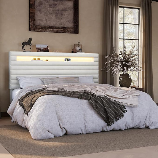 SHA CERLIN King Bed Frame with LED Light & 2-Tier Storage Shelf, Velvet Upholstered Adjustable Headboard with Charing Station, Horizontal Channel Tufted, No Box Spring Needed, Easy Assembly, White