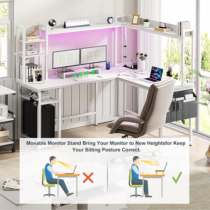 Aheaplus L Shaped Desk with Power Outlet, L Shaped Gaming Desk with Led Light & Hutch, Reversible Home Office Desk, Corner Computer Desk Writing Desk with Monitor Stand & Storage Shelves, White