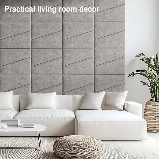 Peel and Stick Headboard for Queen Bed Linen Fabric Upholstered Wall Mounted Headboard - Wall Padding Panel in Light Grey for Bedroom/Living Room/Dorm (6 Panels)