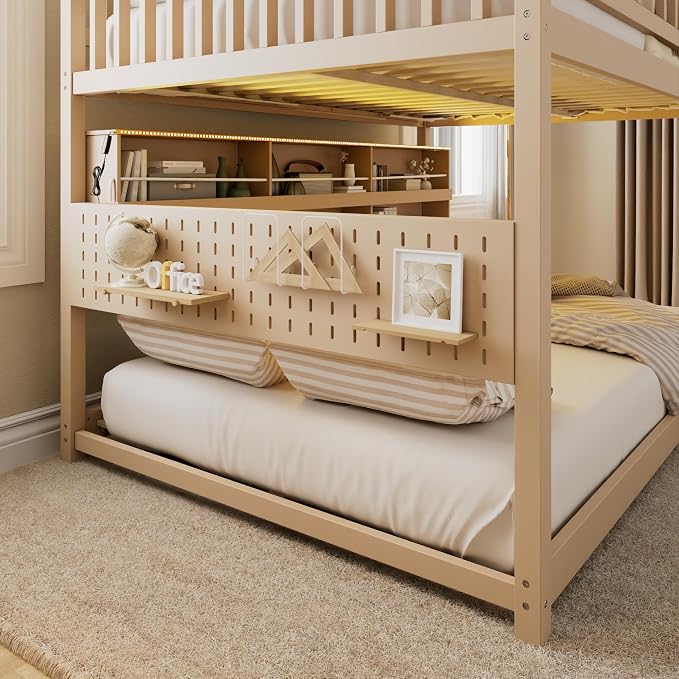Merax Full Over Full Bunk Bed,Wood bunk Bed with LED,Bed with Integrated Shelving, Color-Changing Lights and Pegboard, Full Over Full, Beige