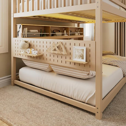 Merax Full Over Full Bunk Bed,Wood bunk Bed with LED,Bed with Integrated Shelving, Color-Changing Lights and Pegboard, Full Over Full, Beige
