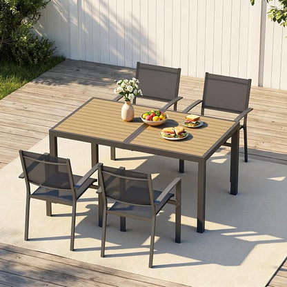 Patio Table and Chairs for 4, Outdoor Patio Dining Furniture Set with Aluminum Table and Metal Textilene Chairs, All-Weather Patio Table Set with HDPS Rectangular Tabletop for Garden Porch