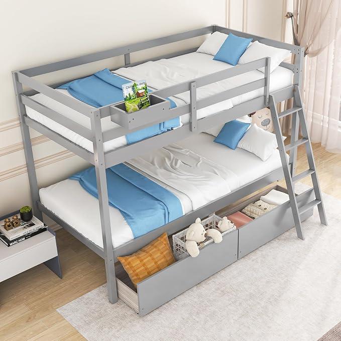 KOMFOTT Twin Over Twin Bunk Bed with 2 Roll-Out Drawers, Wood Bunk Bed Frame with Removable Storage Box, Bunk Bed with Ladder & Safety Guardrail for Dorm Apartment Home, No Box Spring Needed (Grey)