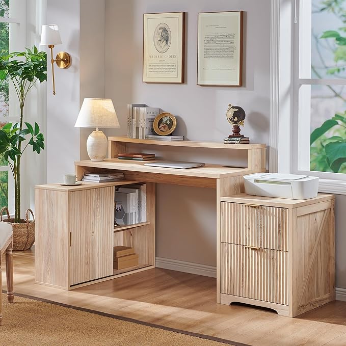 67" Modern Desk with Cabinet & 2 Drawers, Office Desk Built‑in Outlet | luted Computer Writing Desk, storage cabinet with sliding doors, Oak