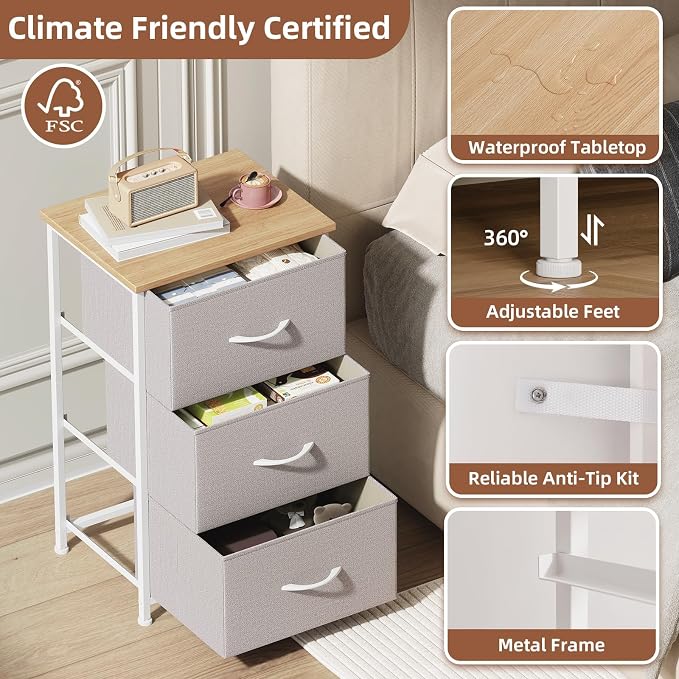Somdot Dresser for Bedroom with 3 Drawers, Storage Organizer Chest of Drawers with Removable Fabric Bins for Closet Bedside Living Room Laundry Entryway Hallway, Ash Grey