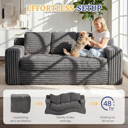 Boneless Couch, Cloud Loveseat Sofa Corduroy Couch in a Box, Upholstered Boneless 3 Seater Couch for Living Room Bedroom Office Apartment, No Assembly Required, Grey