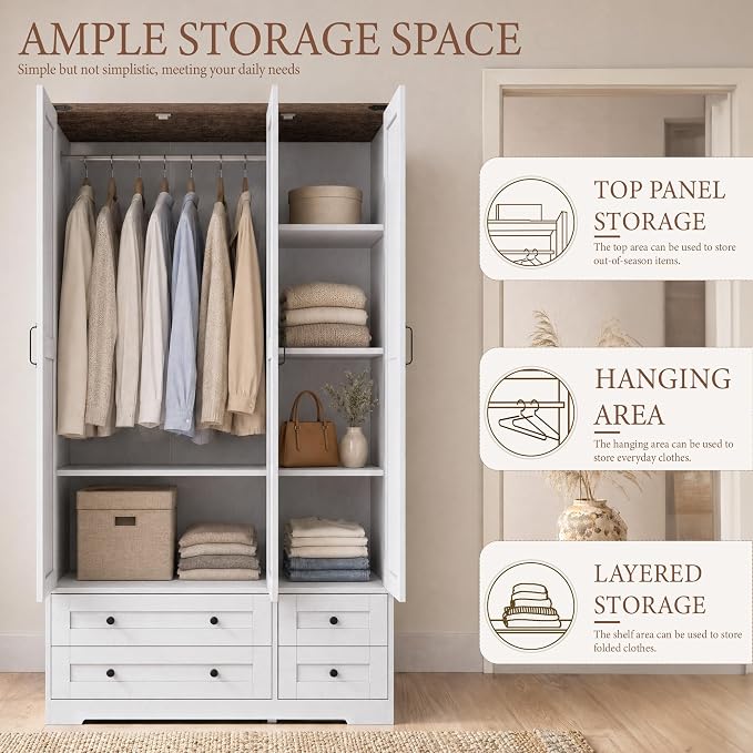 Brafab Armoire Wardrobe Closet with 3 Modern Doors and Mirror, 71" Tall Freestanding Cabinet with 4 Drawers, Hanging Rod, and 4 Shelves, Wooden Storage Organizer for Clothes, Bedroom
