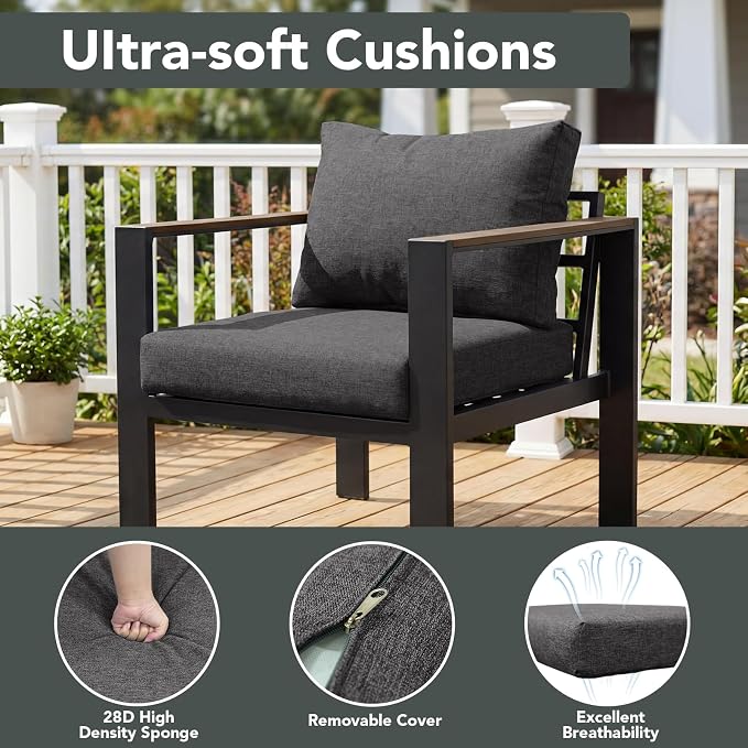 Patio Furniture Armchair Set of 2, All-Weather Patio Sofa with Washable Thick Cushion, Deluxe Aluminum Modern Outdoor Sectional for Porch, Balcony, Deck, Yard, Dark Gray