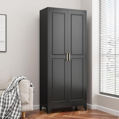 75" Metal Storage Cabinet with 4 Adjustable Shelves, Large Black Steel Pantry Cabinet with Doors, 180 lbs Max Load Per Shelf, Heavy Duty Utility Organizer for Garage & Workshop
