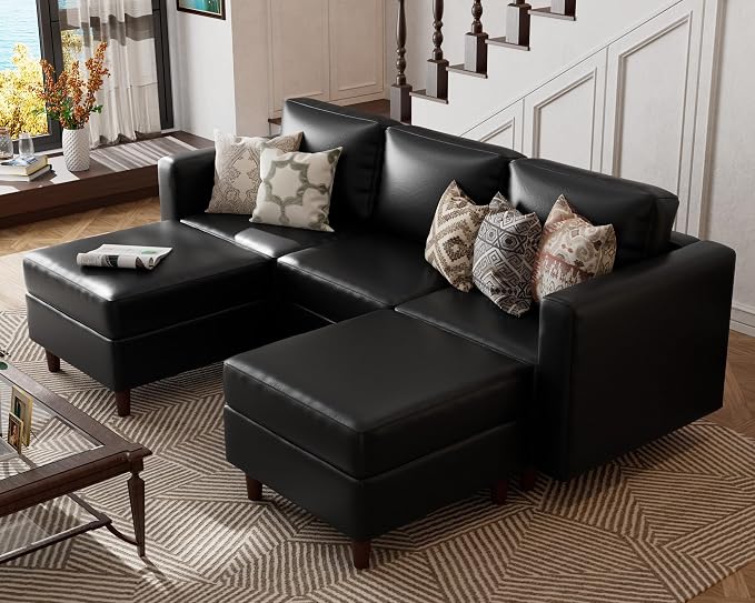 ABCASA Leather Oversized Modular Sectional Sofa with Ottoman, 5 Seater U Shaped Couch with Storage Seat, Comfy Pet-Friendly Faux Leather Couches for Living Room,Apartment,Black