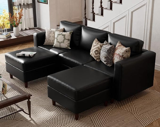 ABCASA Leather Oversized Modular Sectional Sofa with Ottoman, 5 Seater U Shaped Couch with Storage Seat, Comfy Pet-Friendly Faux Leather Couches for Living Room,Apartment,Black