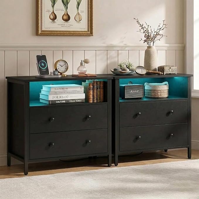 27" LED Nightstand Set 2 with Charging Station, 2 Drawers, Black. | Solid Wood and Steel Frame, 2 AC Outlets, 2 USB Ports, RGB App Control, Open Storage, Adjustable Feet, for Bedroom or Office