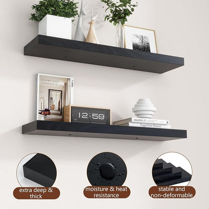 fuqing 30 Inch Floating Shelves for Wall, Black Wood Floating Shelves Set of 2, 30 Inch Wide x 6.7 Inch Deep Wooden Shelves for Living Room Bedroom Bathroom Home Office