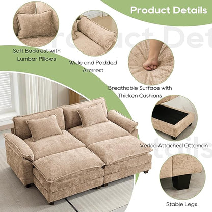 Oprisen 86" Modular Sectional Sofa, Comfy Cloud Couch Sectional Sofa with Ottomans, Chenille Sofa Sleeper Deep Seat Sofa with Throw Pillows for Living Room (Khaki)