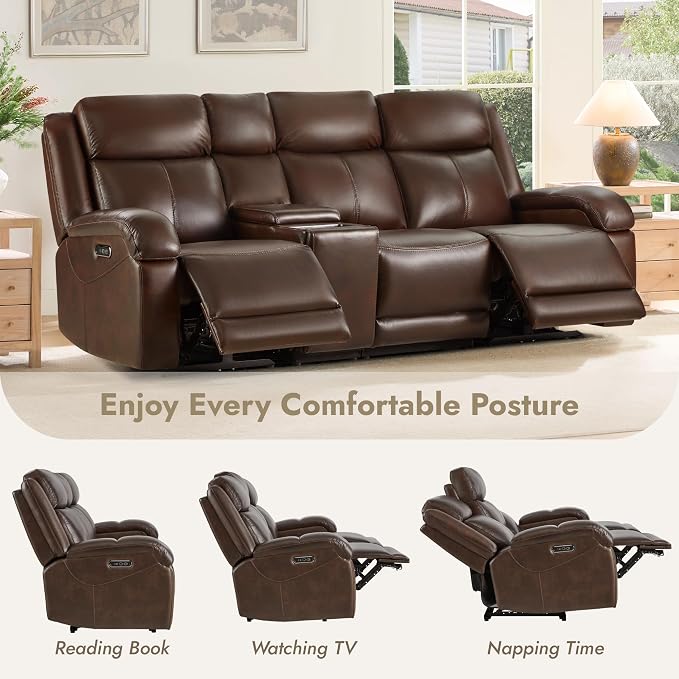 Watson & Whitely Genuine Leather Power Recliner Sofa, 3 Seater Wall Hugger Reclining Sofas with Storage Console, Power Headrest, USB, Electric Recliner Couch Set for Living Room, Dark Brown