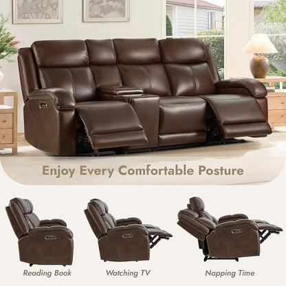 Watson & Whitely Genuine Leather Power Recliner Sofa, 3 Seater Wall Hugger Reclining Sofas with Storage Console, Power Headrest, USB, Electric Recliner Couch Set for Living Room, Dark Brown