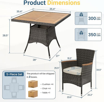 Wisteria Lane 5-Pieces Patio Dining Sets, Rattan Outdoor Table and Chairs with Acacia Wood Tabletop, Metal Patio Dining Furniture for 4 with Removable Cushions for Deck Garden Backyard, Grey