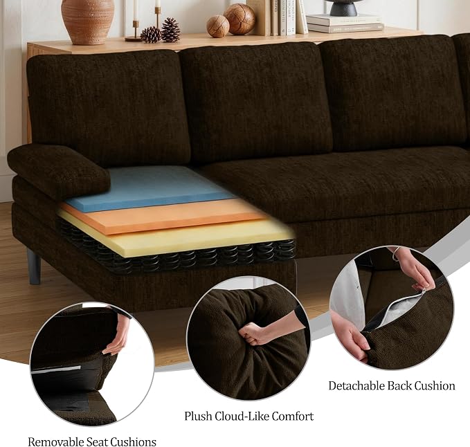 Korser U-Shaped Sectional Couches for Living Room, 101 Inch Modern Modular Sofa with Double Chaise Lounge, Comfy Chenille Fabric 4-Seat Couch Set for Apartment, Brown