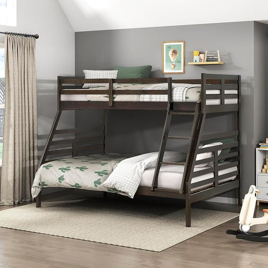 Lexicon Bunk Bed Twin Over Full, Wooden Bed Frame with Sturdy Ladder and Safety Guard Rails, Modern Space-Saving Design, for Bedroom/Guest Room, No Box Spring Needed, Dark Brown