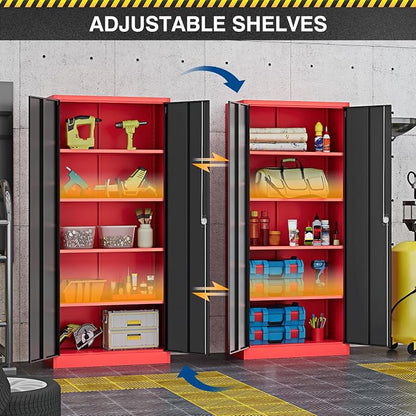 Fesbos Metal Storage Cabinet-71” Tall Steel File Cabinets with Lockable Doors and Adjustable Shelves-Black&Red Steel Storage Cabinet for Home,Kitchen, School, Office, Garage