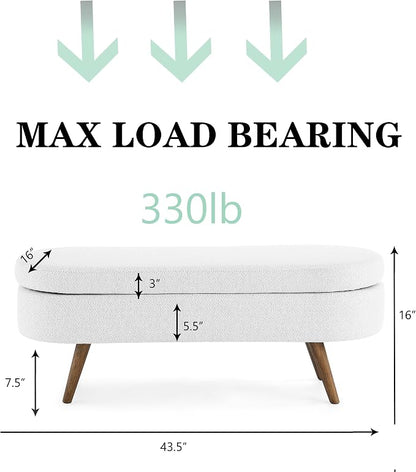 43.5" Ottoman with Storage, Storage Ottoman Bench with Safety Hinge, Linen End of Bed Bench, Upholstered Entryway Bench for Bedroom, Living Room & Window, Holds up to 330 lb, White
