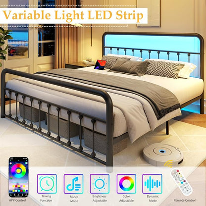 Fluest 14 Inch King Bed Frame Classic Metal Platform Bed Frame with Charging Station & LED, Victorian Style Iron-Art Headboard/Footboard, Under Bed Storage, No Box Spring Needed, Noise Free